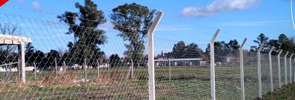 Línea de postes olímpicos de hormigón con tejido y alambre de púas.